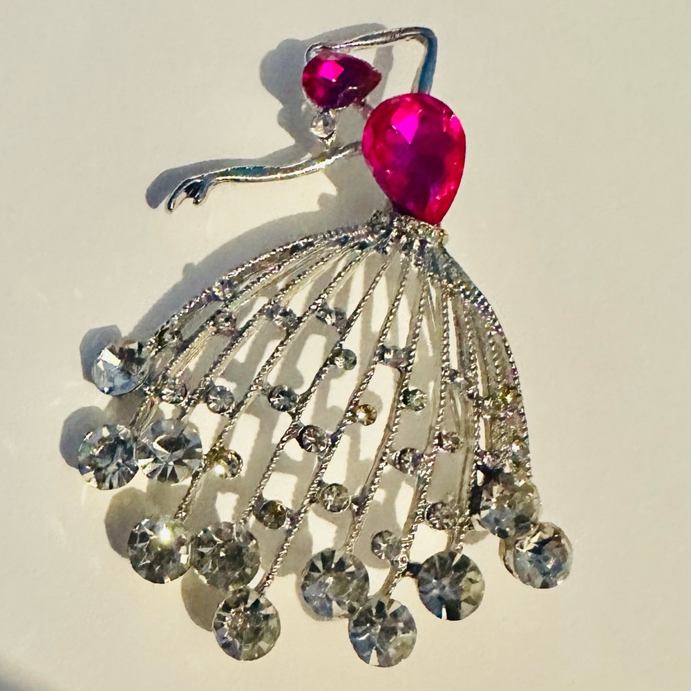 Elegant Silver Tone  and Pink Crystal Ballerina  Brooch